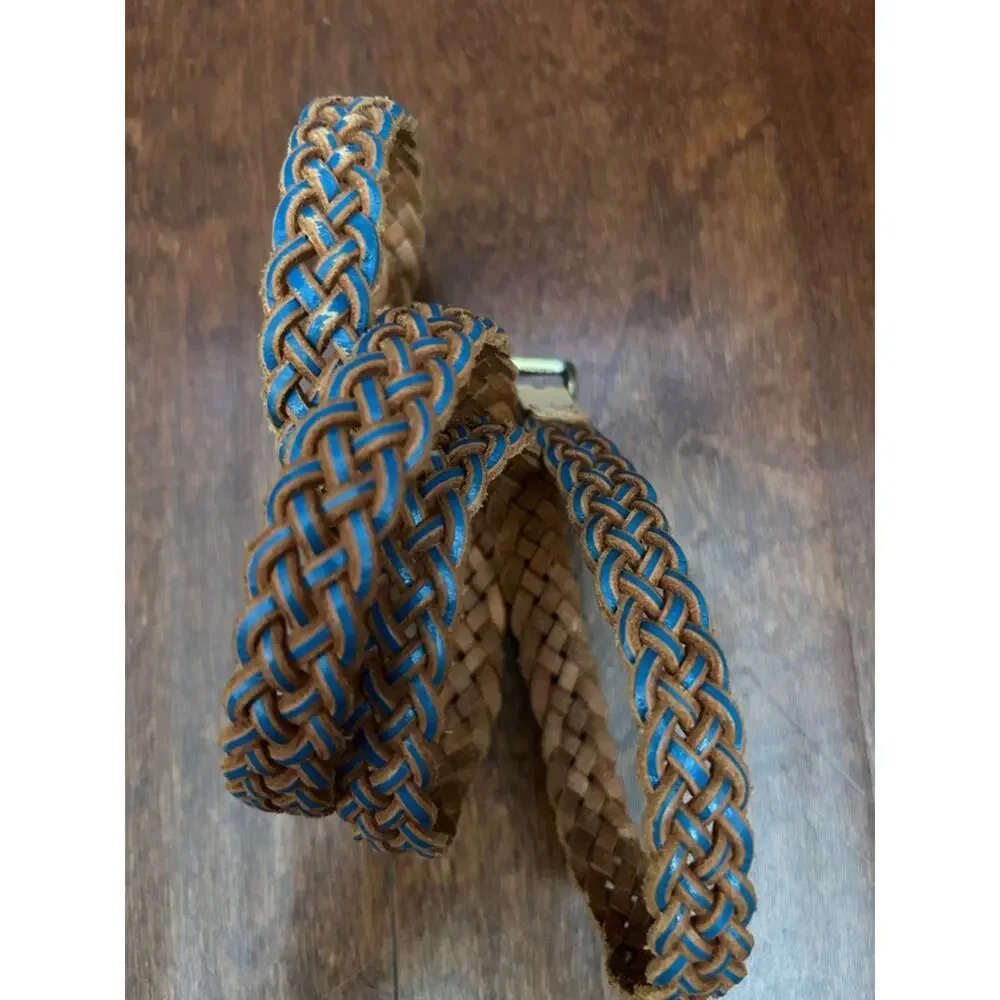 Skinny Braided Brown Leather Belt with Blue Trim, Size M/L